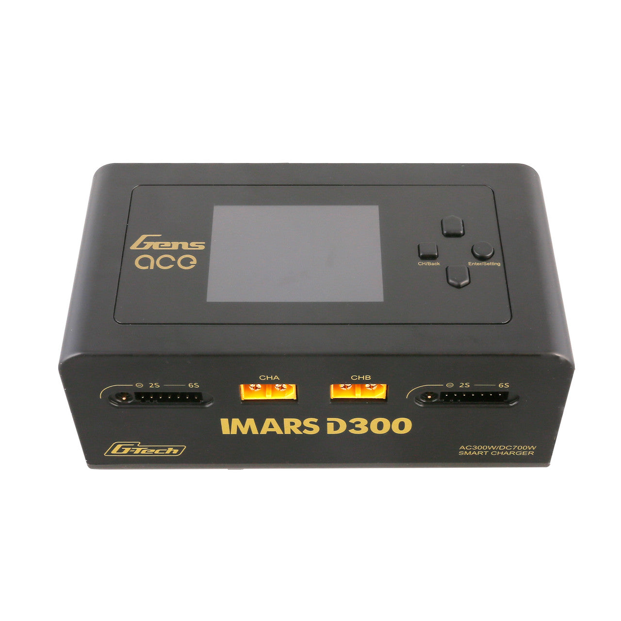 Gens Ace iMARS D300 G-Tech RC car charger with dual channels, AC and DC power options, shown in image.