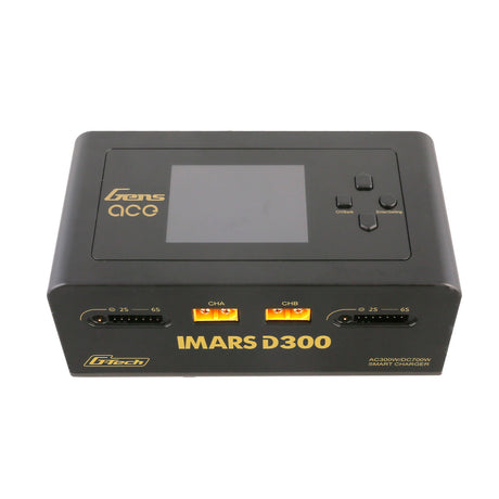 Gens Ace iMARS D300 G-Tech RC car charger with dual channels, AC and DC power options, shown in image.