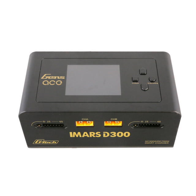 Gens Ace iMARS D300 G-Tech RC car charger with dual channels, AC and DC power options, shown in image.