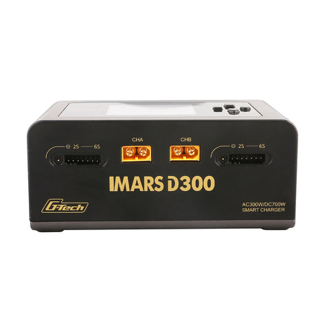 Gens Ace iMARS D300 G-Tech 2-channel RC car charger with AC and DC power options, shown in a close-up image.