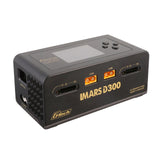 Gens Ace iMARS D300 G-Tech 2-channel RC car charger with AC and DC power options, featuring digital display and multiple ports.