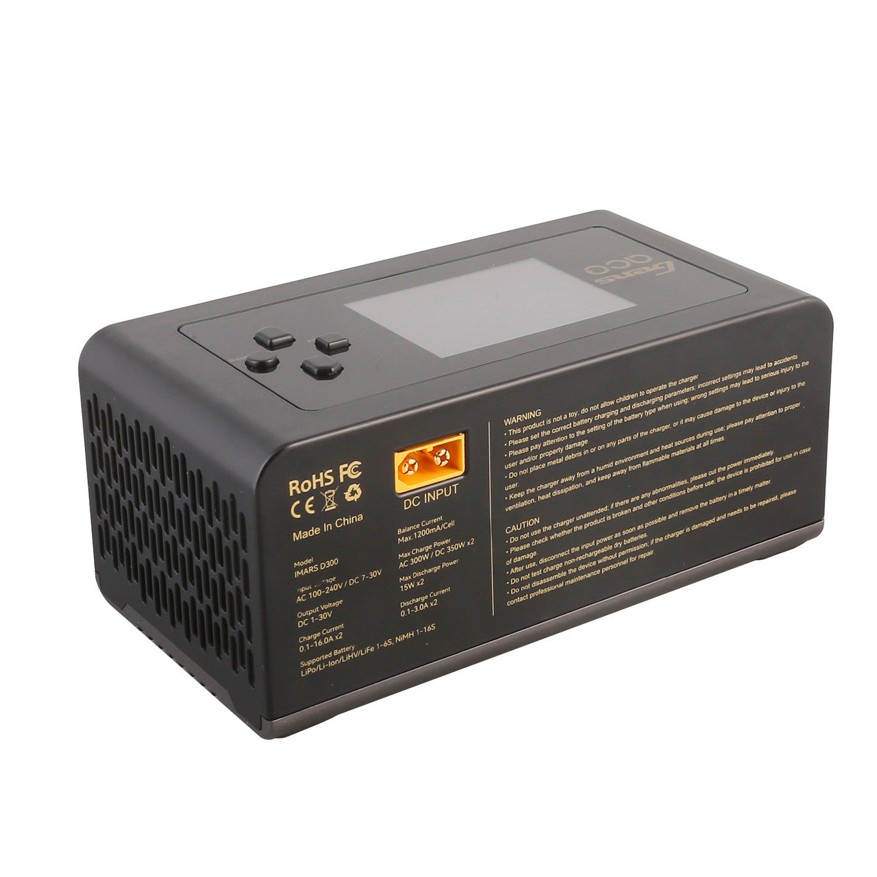 Gens Ace iMARS D300 G-Tech 2-channel RC car charger with AC and DC power options, featuring digital display and multiple connection ports.