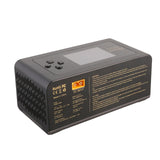 Gens Ace iMARS D300 G-Tech 2-channel RC car charger with AC and DC power options, featuring digital display and multiple connection ports.