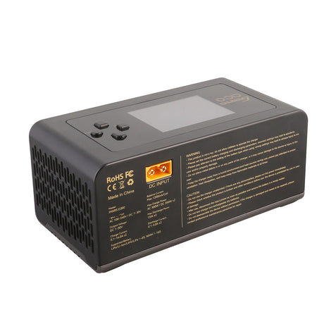 Gens Ace iMARS D300 G-Tech 2-channel RC car charger with AC and DC power options, featuring digital display and multiple connection ports.