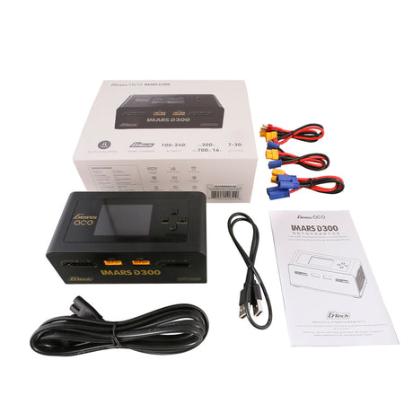 Gens Ace iMARS D300 G-Tech RC car charger with dual channels, AC and DC power options, for efficient battery charging.