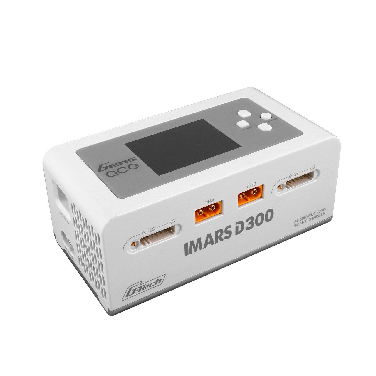 Gens Ace iMARS D300 G-Tech 2-channel RC car charger with AC and DC power options, featuring digital display and multiple ports.