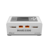Gens Ace iMARS D300 G-Tech 2-channel RC car charger with AC and DC power options, featuring digital display and multiple charging ports.