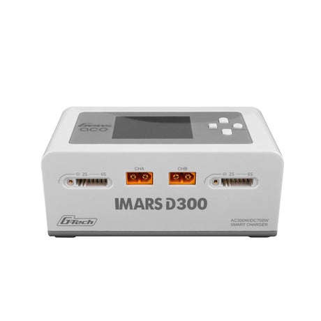 Gens Ace iMARS D300 G-Tech 2-channel RC car charger with AC and DC power options, featuring digital display and multiple charging ports.