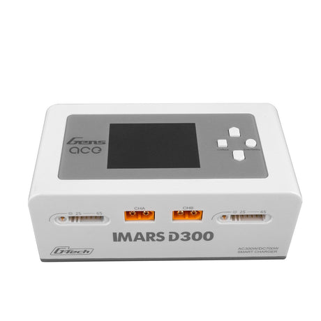 Gens Ace iMARS D300 G-Tech 2-channel RC car charger with AC and DC power options, shown in the image.