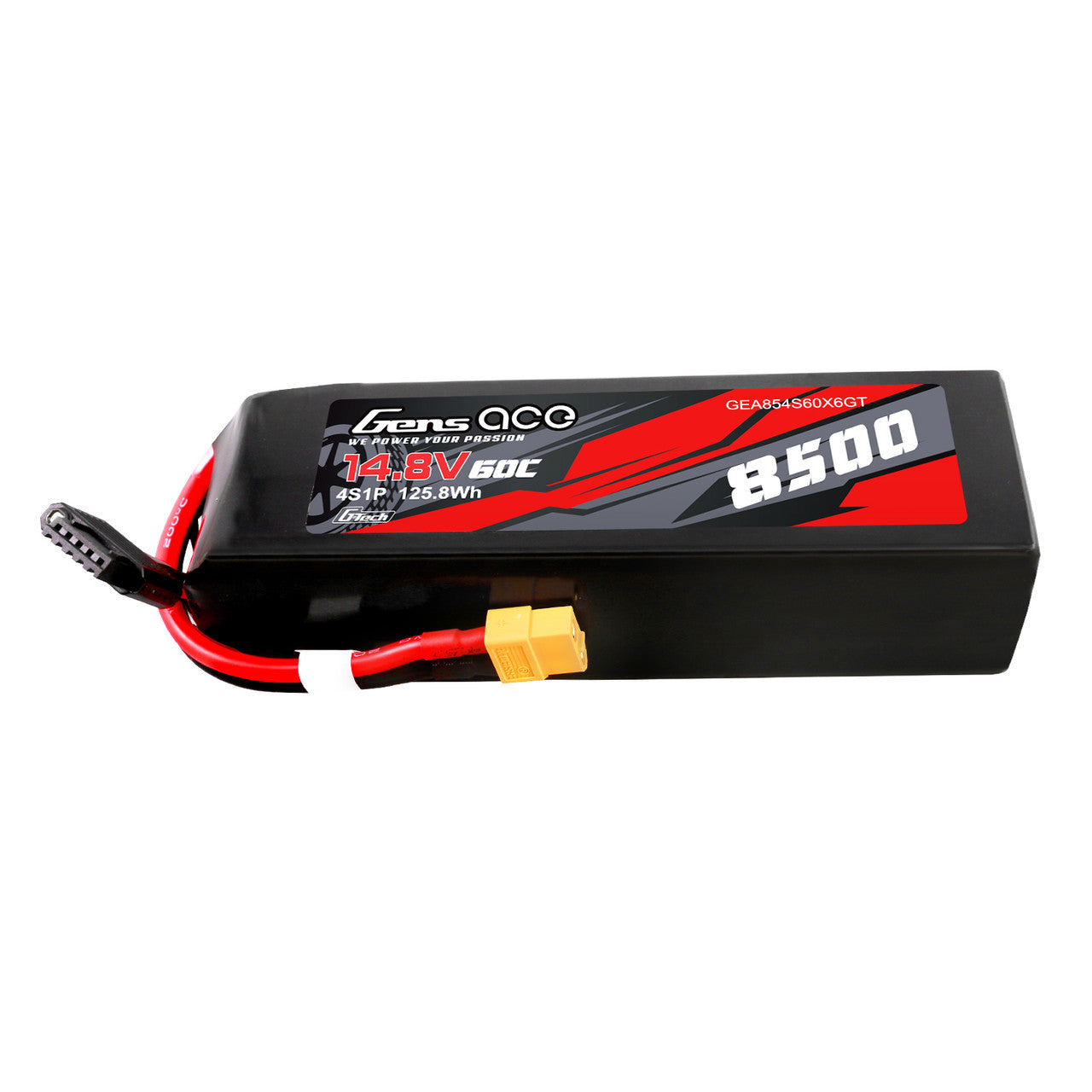Gens ace 8500mAh 4S 60C G-tech LiPo battery with XT60 connector for RC models, showing the battery's label and connectors.