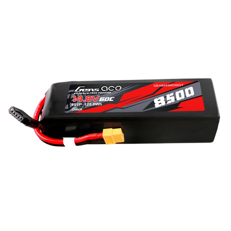 Gens ace 8500mAh 4S 60C G-tech LiPo battery with XT60 connector for RC models, showing the battery's label and connectors.