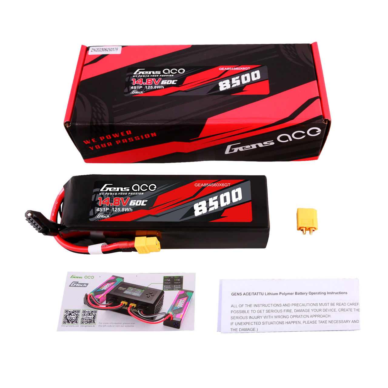 Gens Ace 8500mAh 4S 60C 14.8V G-tech LiPo battery with XT60 connector, designed for remote control vehicles and drones.
