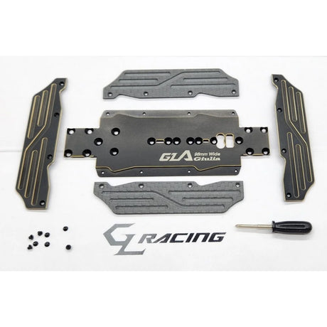 Close-up of GL Racing Giulia Hybrid 98mm chassis set with detailed carbon fiber construction and precision engineering.