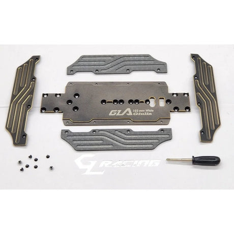 GL Racing Giulia Hybrid chassis set 102mm, lightweight RC car frame with detailed components and sleek design for high performance.