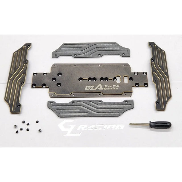 GL Racing Giulia Hybrid chassis set 102mm, lightweight RC car frame with detailed components and sleek design for high performance.