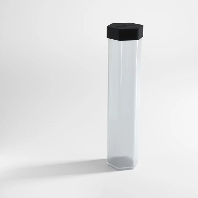 Clear Gamegenic playmat tube for storing and protecting trading card game mats, durable cylindrical storage solution.