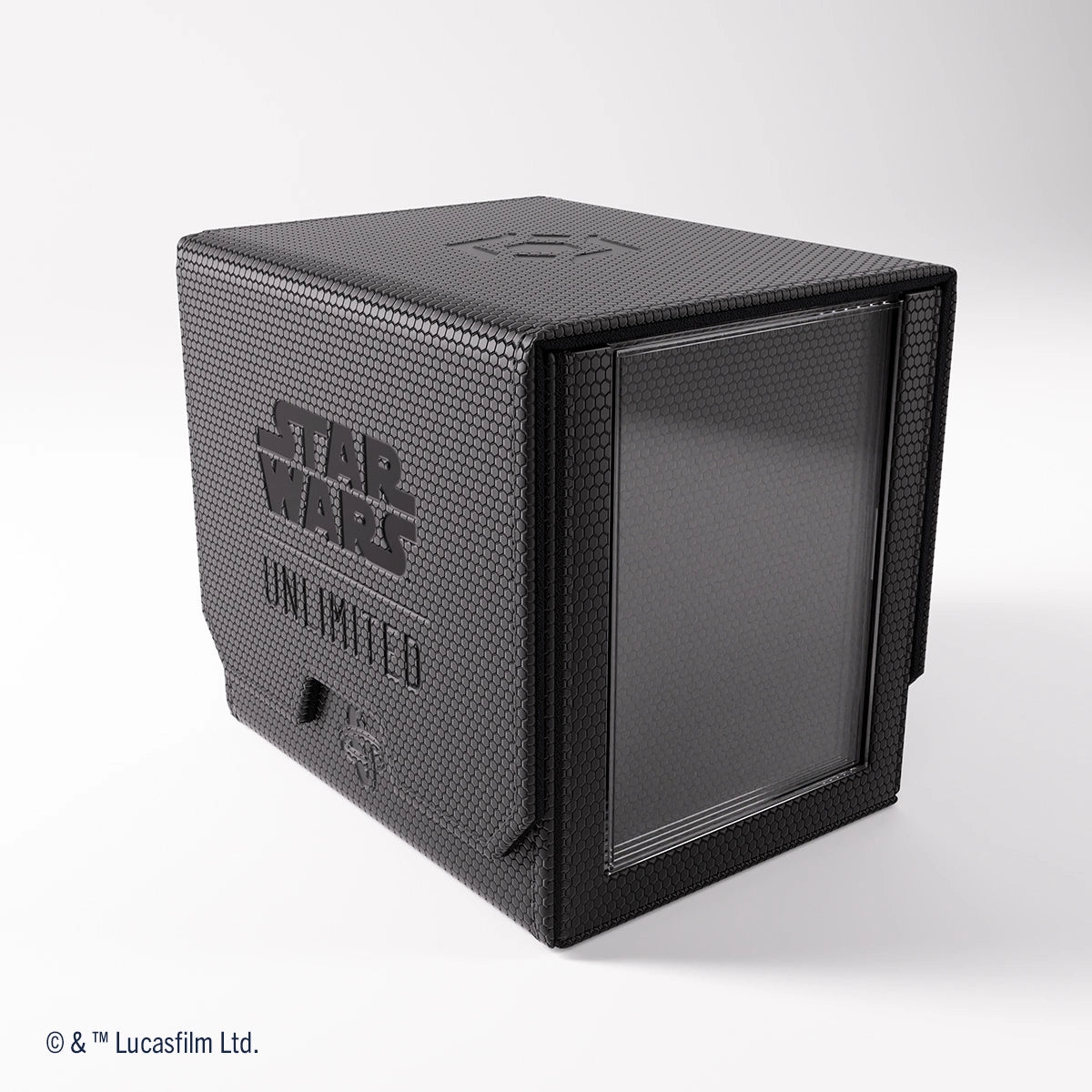 Black Ultimate Guard Star Wars Unlimited Deck Pod for card storage, featuring Star Wars-themed design and secure lid.