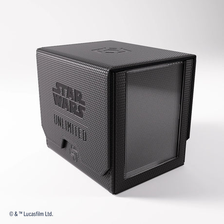 Black Ultimate Guard Star Wars Unlimited Deck Pod for card storage, featuring Star Wars-themed design and secure lid.