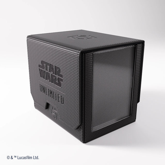 Black Ultimate Guard Star Wars Unlimited Deck Pod for card storage, featuring Star Wars-themed design and secure lid.