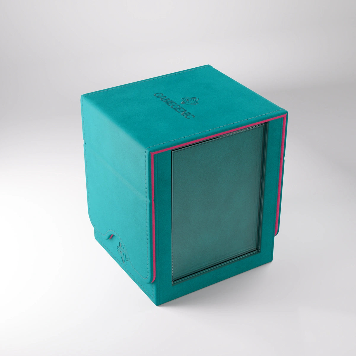 Gamegenic Squire Plus 100+ XL Convertible gaming bag in teal and pink with multiple compartments for portable game storage.