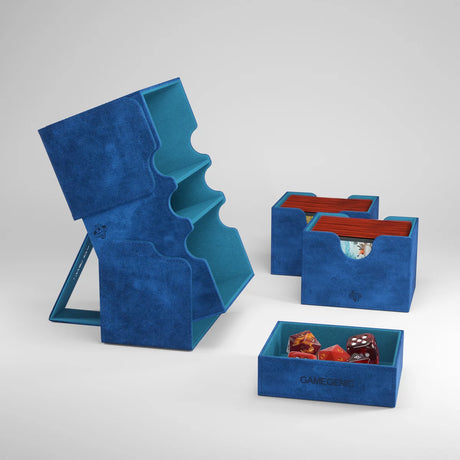 Gamegenic Stronghold 200+ XL convertible storage case in blue, showing its sturdy exterior and adjustable interior compartments.