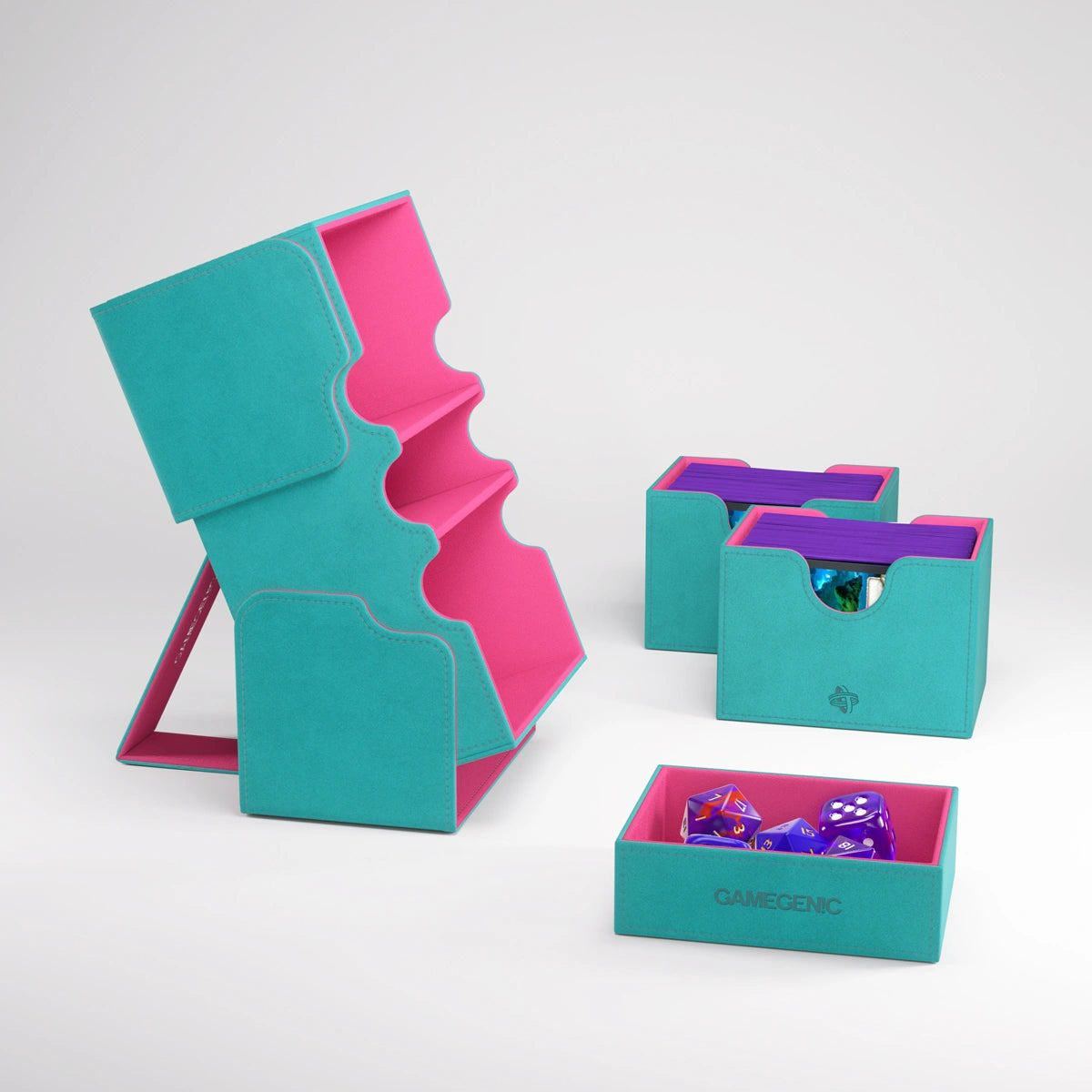 Gamegenic Stronghold 200+ XL Convertible gaming storage case in teal and pink with secure latches and handle for easy transport.