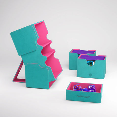 Gamegenic Stronghold 200+ XL Convertible gaming storage case in teal and pink with secure latches and handle for easy transport.