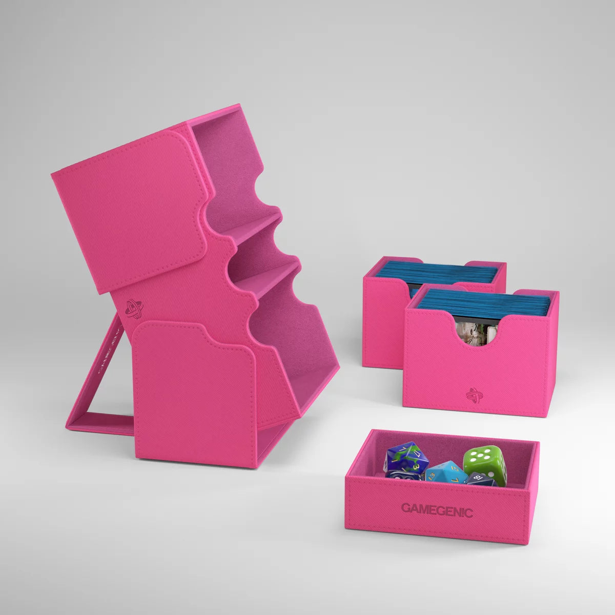Pink Gamegenic Stronghold 200+ XL convertible card storage box with adjustable dividers and sturdy construction.