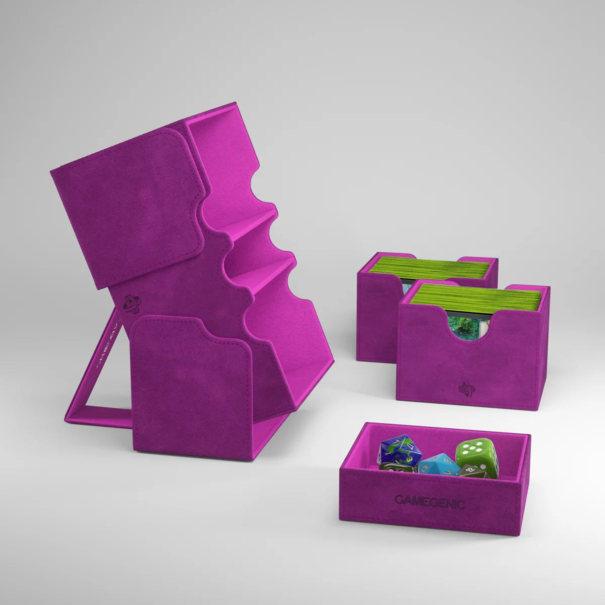 Purple Gamegenic Stronghold 200+ XL convertible gaming case with reinforced edges and adjustable compartments.
