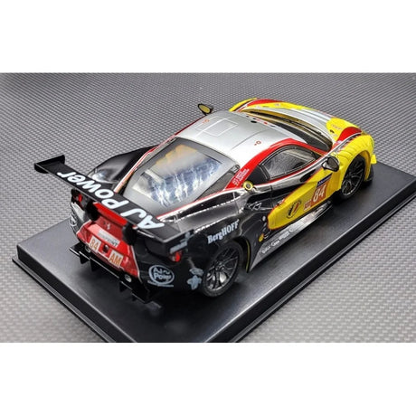 Yellow and red GL Racing Ferrari 488 GT3 1/28 scale body shell with 98mm length for RC car models.