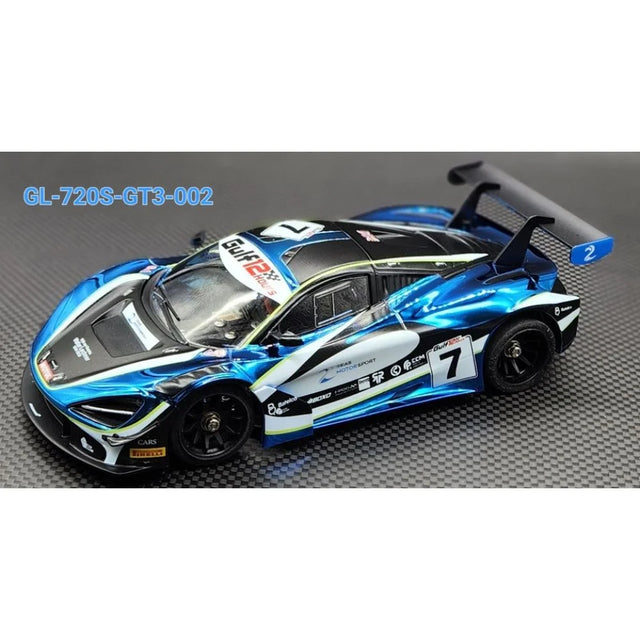 GL Racing 1/28 scale McLaren 720S GT3 body for Gulf12Hours, detailed 102mm model with racing design and vibrant livery.
