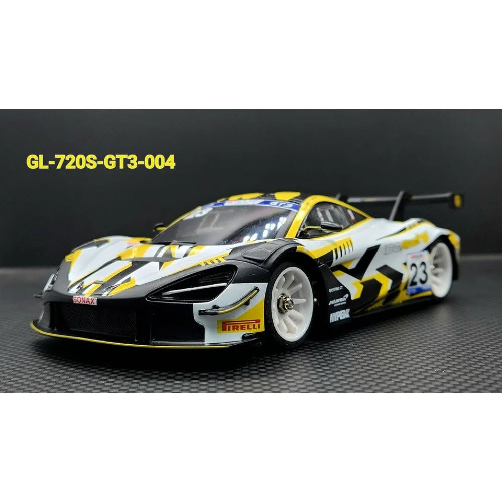 GL Racing 1/28 scale McLaren 720S GT3 body for IBC Racing, featuring detailed 102mm design and realistic racing features.