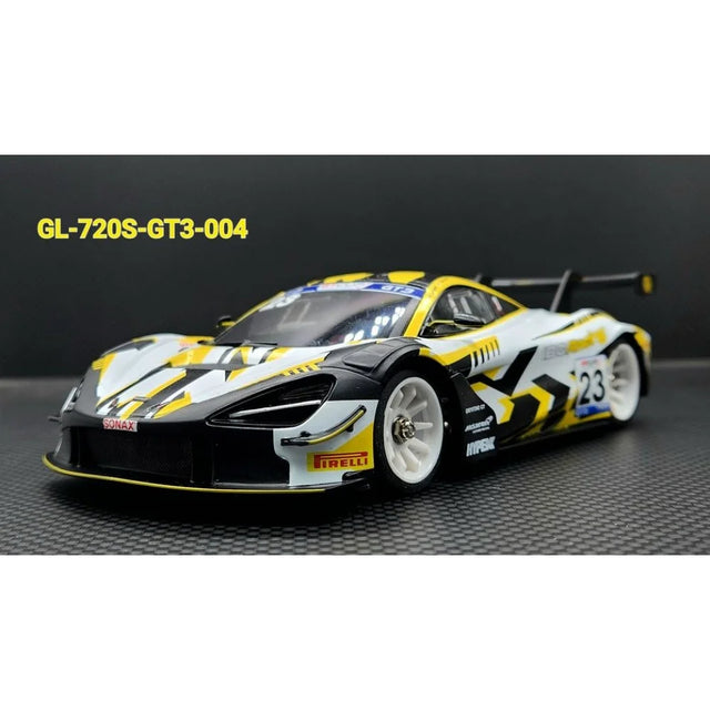 GL Racing 1/28 scale McLaren 720S GT3 body for IBC Racing, featuring detailed 102mm design and realistic racing features.