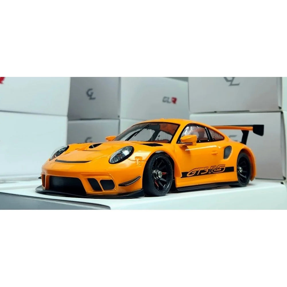 Orange GL Racing 1/28 Porsche 911 GT3 body with 98mm wheelbase, shown on a white background.
