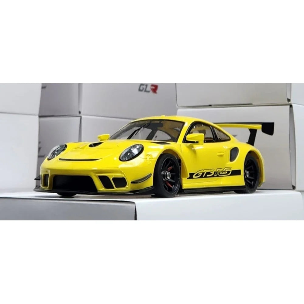 Yellow GL Racing 1/28 scale Porsche 911 GT3 RC car body with 98mm wheelbase, detailed and lightweight for RC racing.