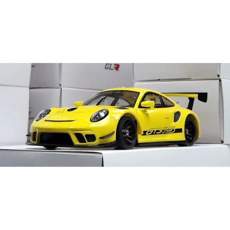 Yellow GL Racing 1/28 scale Porsche 911 GT3 RC car body with 98mm wheelbase, detailed and lightweight for RC racing.