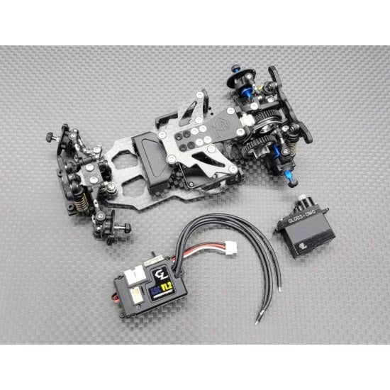 GL Racing GL-Drift-2022 1/28 2WD RC car kit with detailed components for drifting and racing, shown in image.