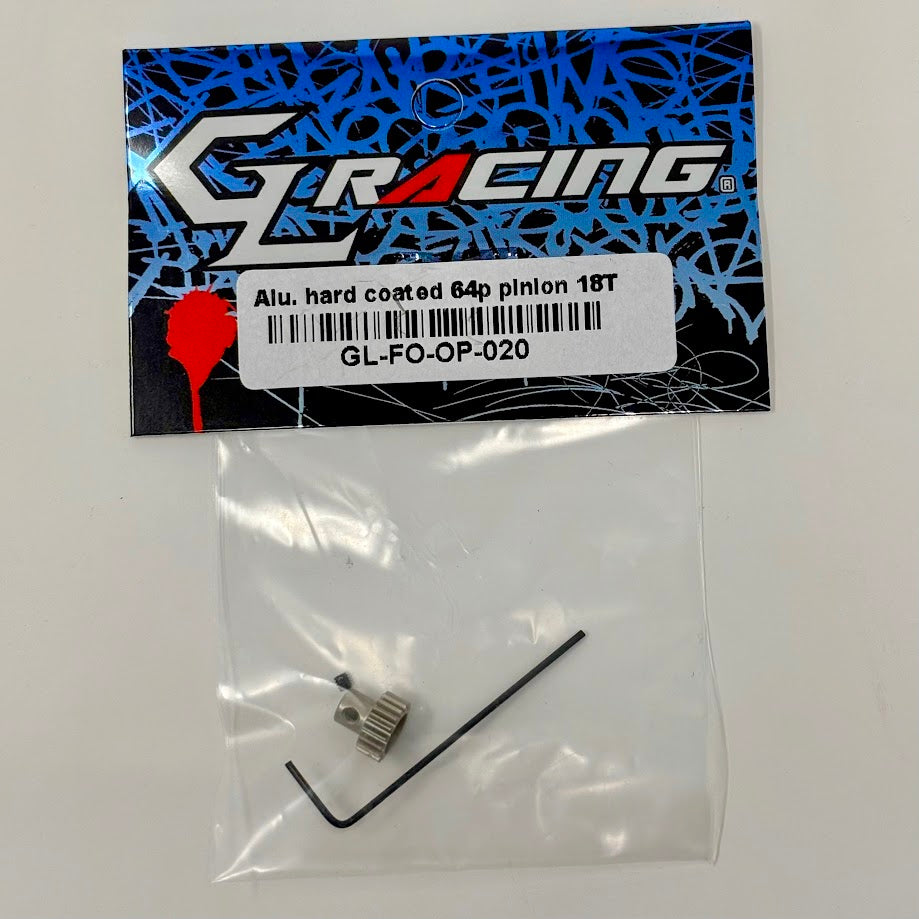 Aluminum 64P pinion gear for GL Racing Formula One RC cars, showing the precision-machined hard gear with gear teeth and branding.