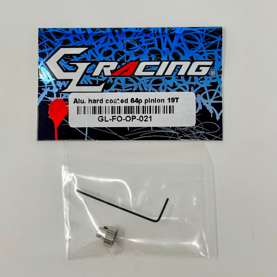 GL Racing aluminum hard 64P pinion gear for Formula One RC cars, shown in a close-up view of the gear’s teeth and structure.