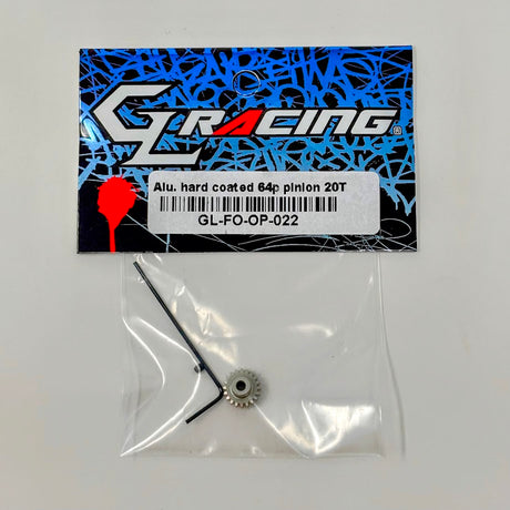 GL Racing aluminum 64P pinion gear for Formula One RC cars, featuring precise engineering and durable construction.