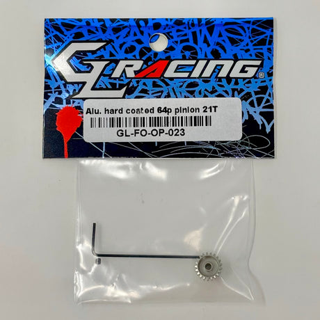 Aluminum 64P pinion gear for GL Racing Formula One RC cars, showing the detailed gear teeth and brand marking.
