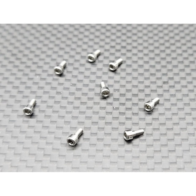 GL Racing GL-GTR Ultra Hard CNC screw set M1.6x4, metal screws for model cars, shown in a close-up image on a white background.