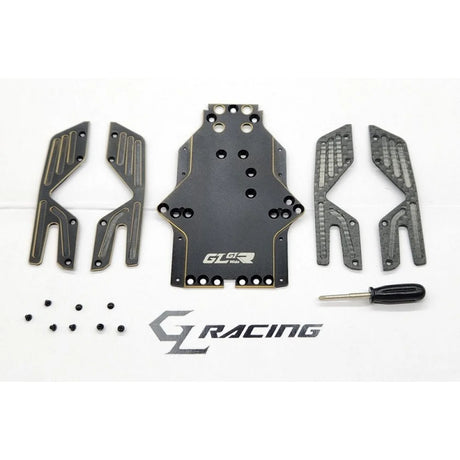 GL Racing GL-GTR Hybrid chassis set for RC cars, showing the detailed black and red frame components on a white background.