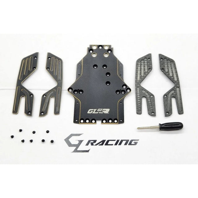 GL Racing GL-GTR Hybrid chassis set for RC cars, showing the detailed black and red frame components on a white background.