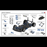 Close-up of GL Racing GL-GTR 1/27 RWD chassis options, showing various parts and configurations for the model car.