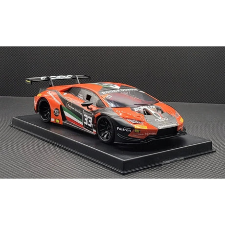 Orange LBO GT3 body by GL Racing for 1/28 scale RC cars, featuring detailed aerodynamic design and clear window sections.