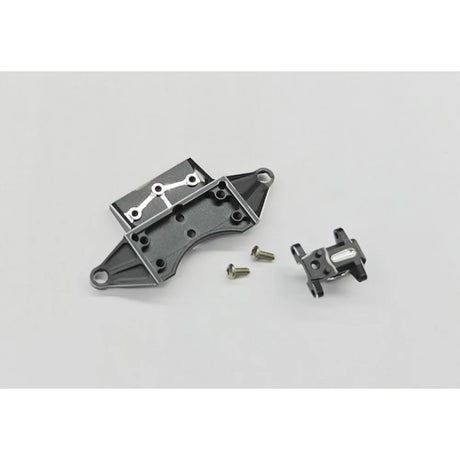 GL Racing LMP2 aluminum front arm holder and lower arm for racing cars, shown in silver with mounting points visible.