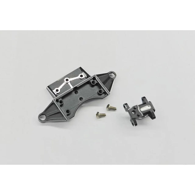 GL Racing LMP2 aluminum front arm holder and lower arm for racing cars, shown in silver with mounting points visible.