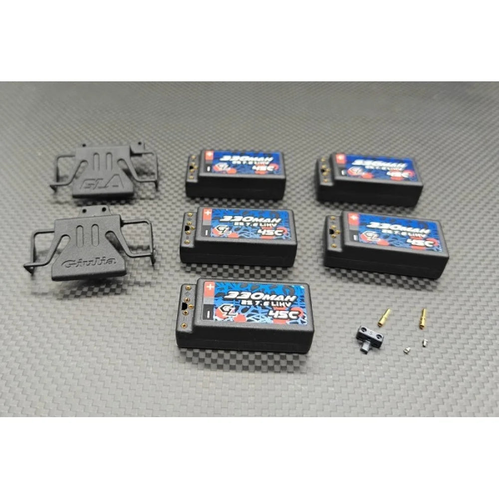 Set of five GL Racing 330mAh 2S LiHV hardcase batteries for RC models, with protective hardcases and wiring.