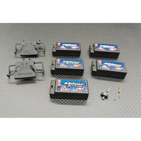 Set of five GL Racing 330mAh 2S LiHV hardcase batteries for RC models, with protective hardcases and wiring.